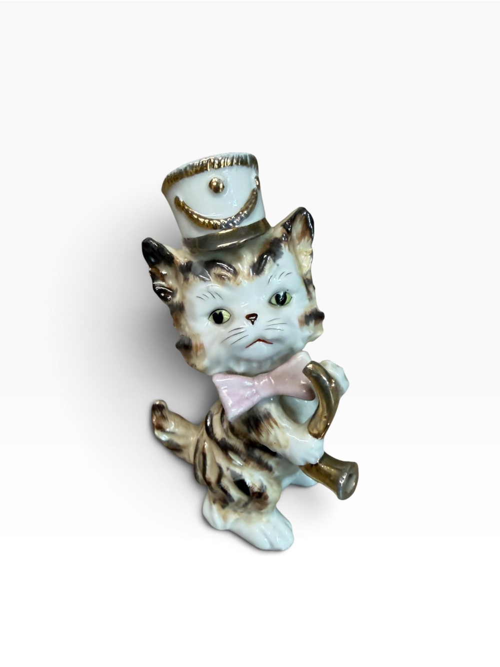 Vintage Ceramic Hand Painted Cat Figurine Saxophone Pink Bow